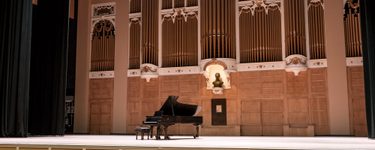 View of the Merrill stage from seat Orchestra 1 Row M Seat 3